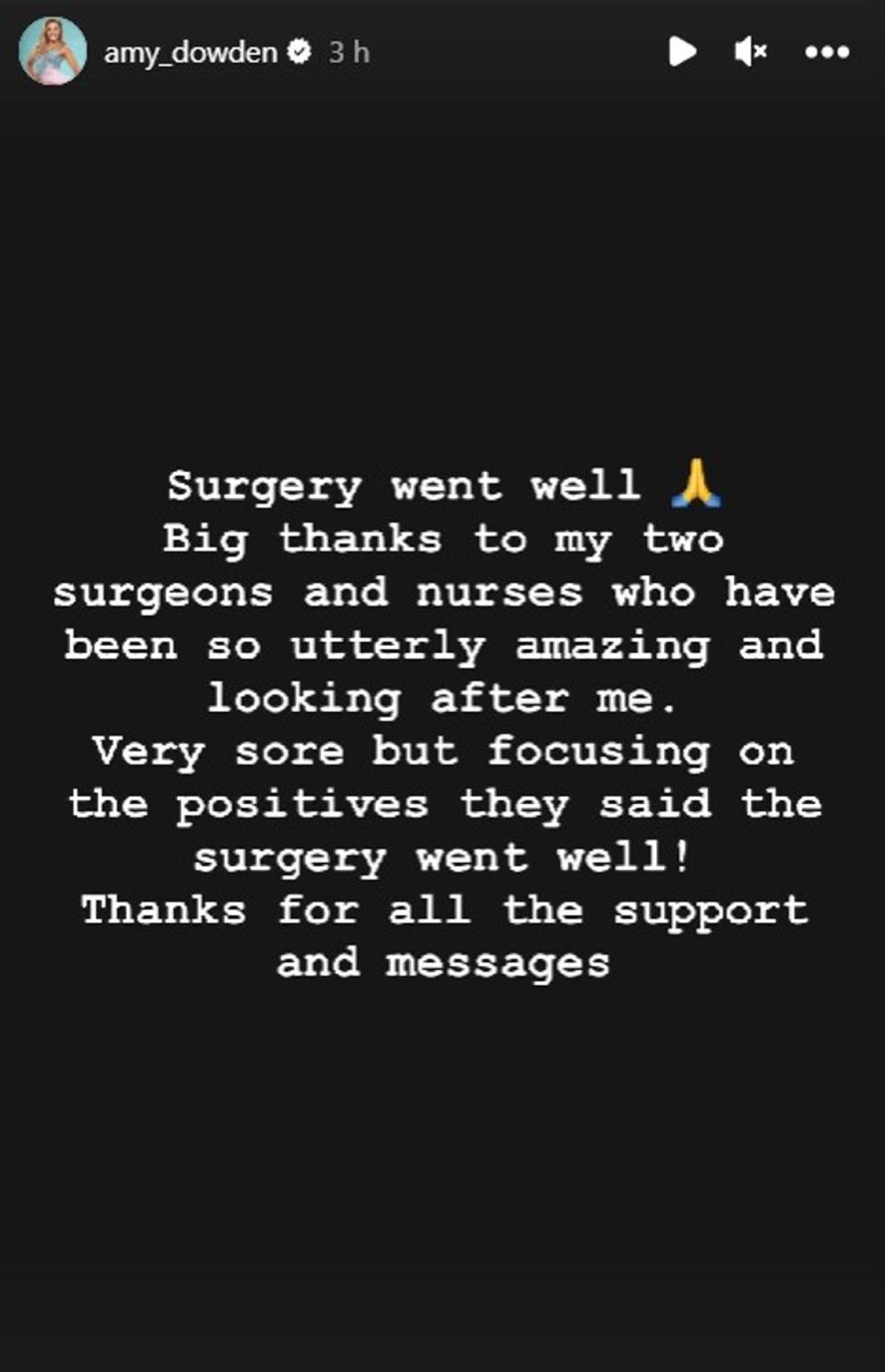 Dowden revealed that her surgery ‘went well’ (Instagram/Amy Dowden)