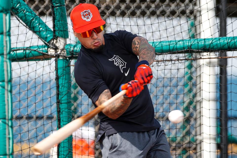 Detroit Tigers shortstop Javier Baez bats during spring training at TigerTown in Lakeland, Fla. on Friday, Feb. 16, 2024.