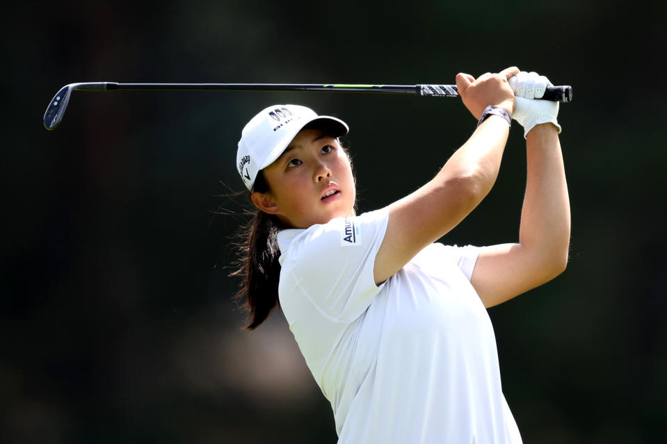 Yin Ruoning of China plays her second shot on the 18th hole on Day One of the AIG Women’s Open at Walton Heath Golf Club on August 10, 2023 in Tadworth, <a class="link " href="https://sports.yahoo.com/soccer/teams/england/" data-i13n="sec:content-canvas;subsec:anchor_text;elm:context_link" data-ylk="slk:England;sec:content-canvas;subsec:anchor_text;elm:context_link;itc:0">England</a>. (Photo by Warren Little/Getty Images)