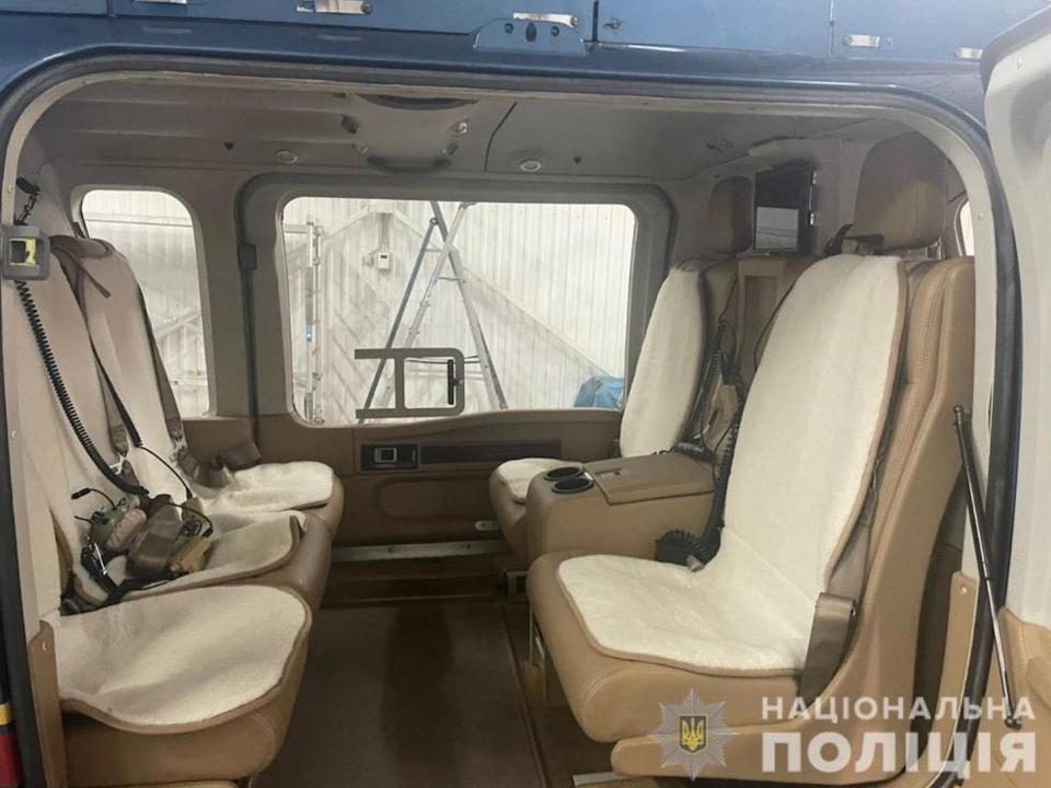 A view of the tan-leather interior of Viktor Medvedchuk's helicopter, seized by Ukrainian police on July 6, 2022