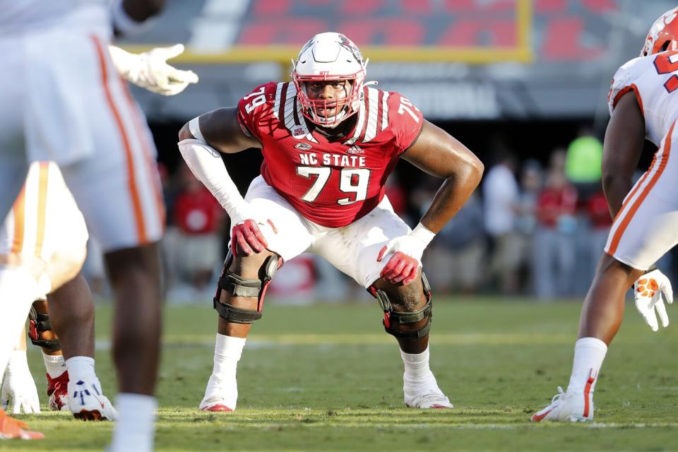 North Carolina State's Ikem Ekwonu (79) prepares to block against Clemson in September.