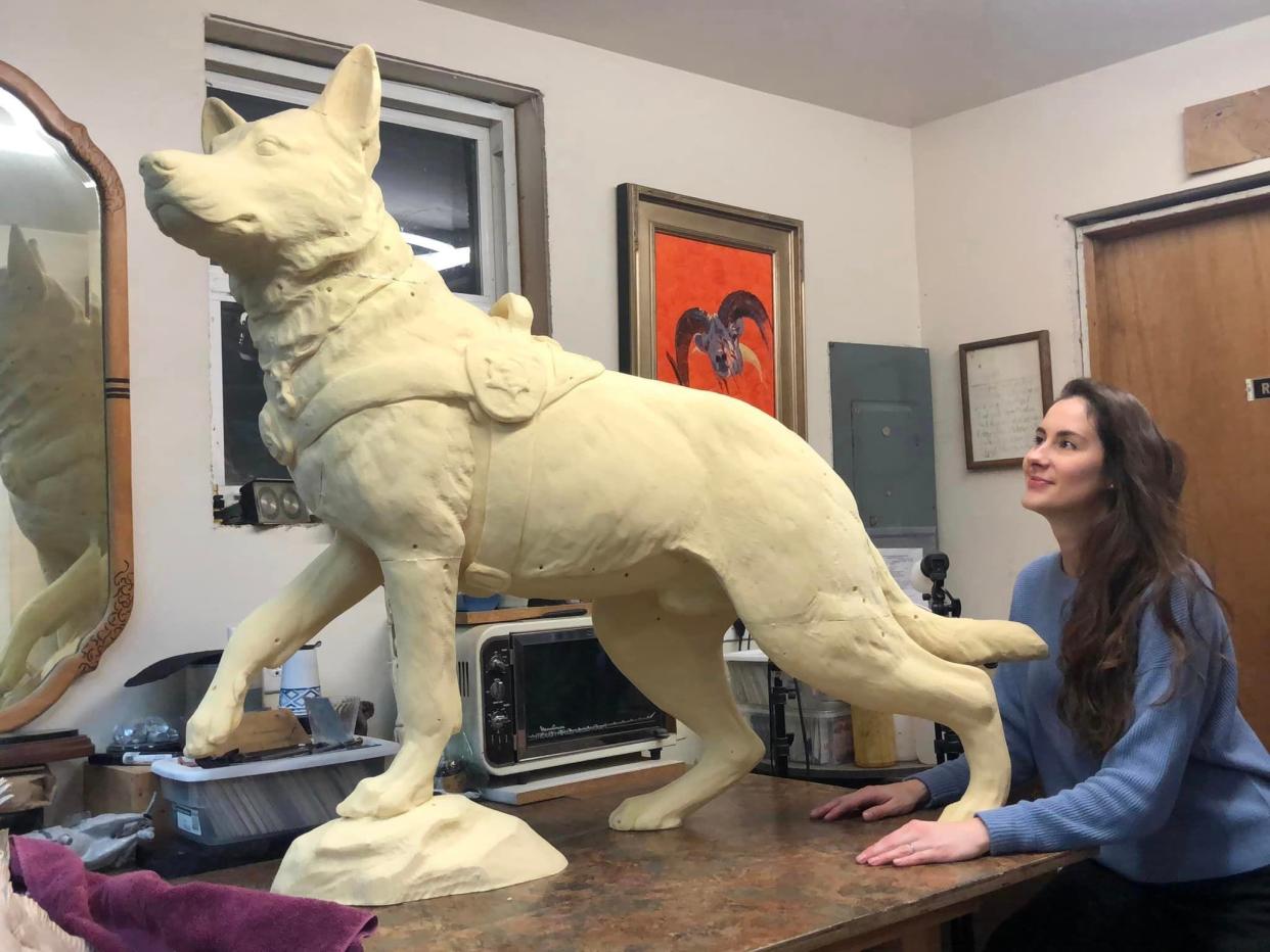 Former St. Francis Police Department K9 Bane is going to be recognized for his service with a bronze statue sculpted by artist Kristen Douglas-Seitz of The Painted Feather. This is a full-size foam version of what the bronze statue will look like in front of the St. Francis Civic Center.