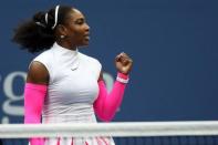 Sep 5, 2016; New York, NY, USA; Serena Williams of the United States celebrates after winning match point against Yarolslava Shvedova of Kazakhstan (not pictured) on day eight of the 2016 U.S. Open tennis tournament at USTA Billie Jean King National Tennis Center. Williams won 6-2, 6-3. Mandatory Credit: Geoff Burke-USA TODAY Sports