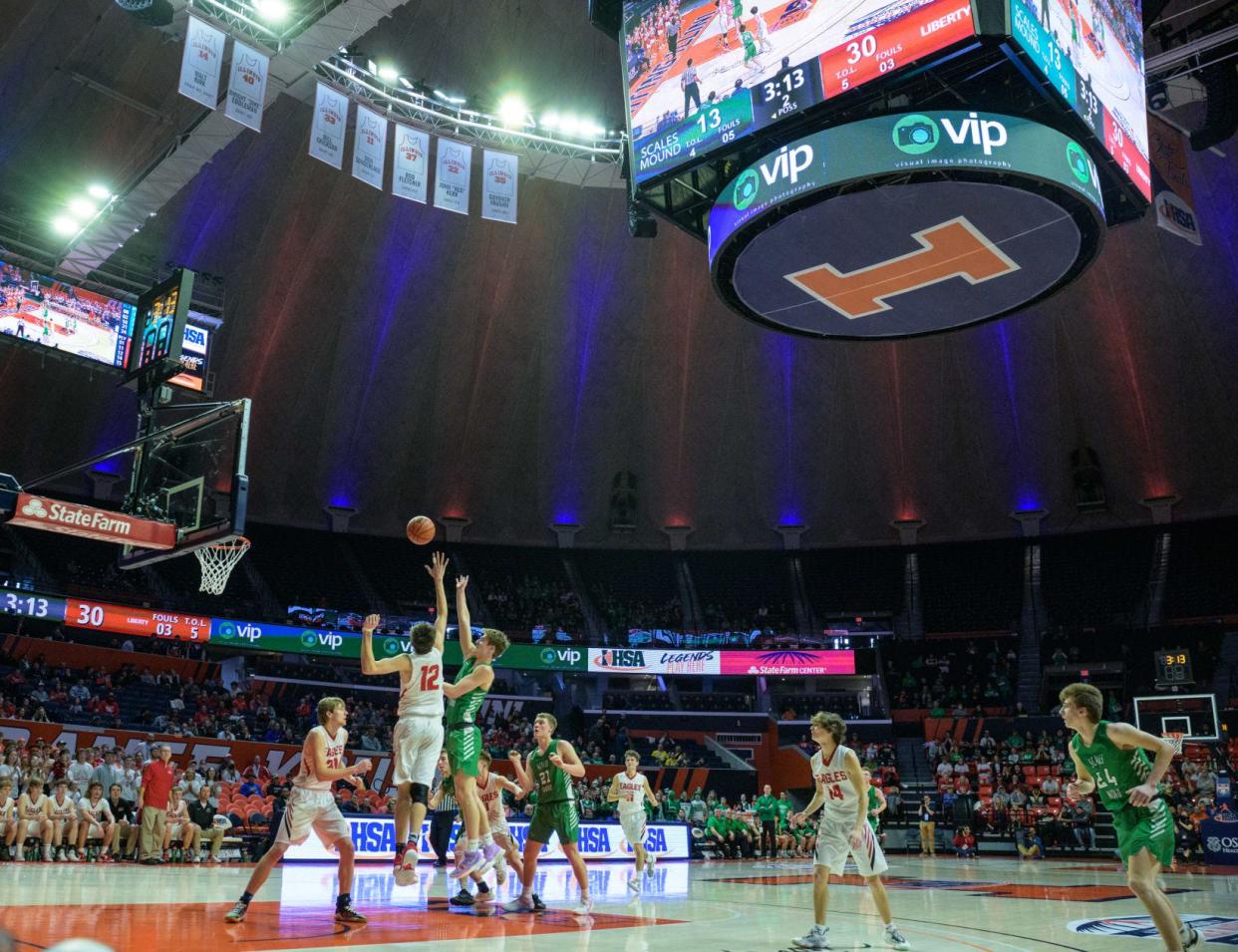 Scales Mound and Liberty play in the Illinois High School Association Class 1A boys basketball state finals on Thursday, March 20, 2022, at State Farm Center in Champaign.