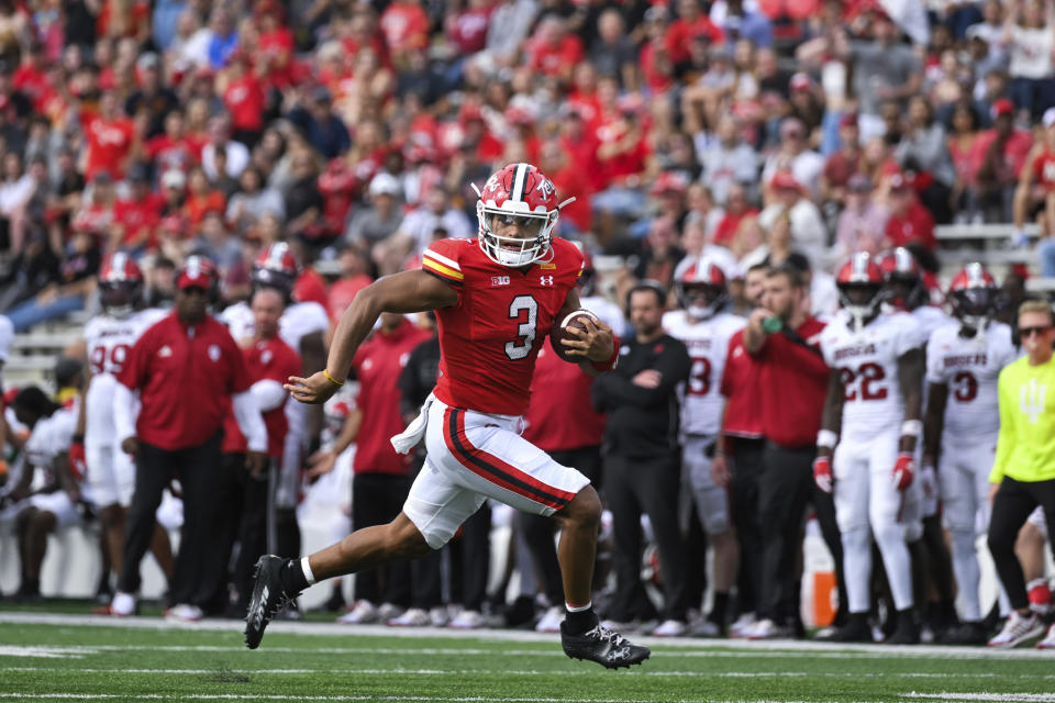 Maryland quarterback Taulia Tagovailoa (3) runs the ball for a touchdown during the first half of an NCAA college football game against Indiana, Saturday, Sept. 30, 2023, in College Park, Md. (AP Photo/Terrance Williams)