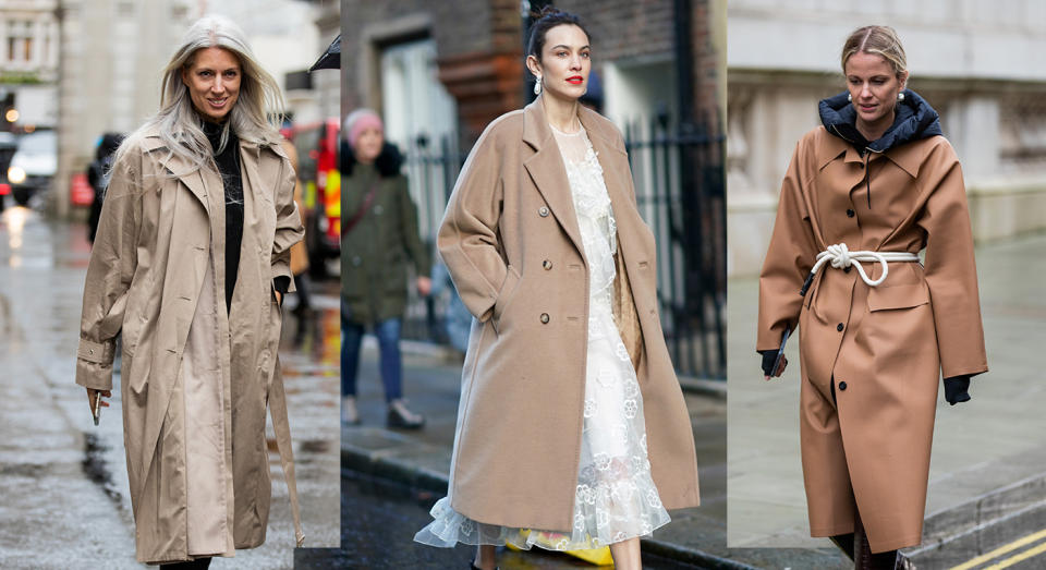 Neutral palettes and trench coats were a staple on the streets of London this Fashion Week. (Getty Images)