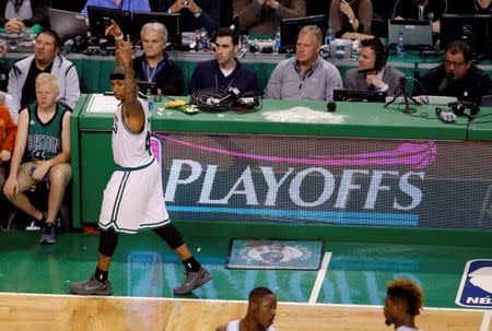 Apr 22, 2016; Boston, MA, USA; Boston Celtics guard Isaiah Thomas (4) reacts to the crowd as they take on the Atlanta Hawks during the fourth quarter in game three of the first round of the NBA Playoffs at TD Garden. Mandatory Credit: David Butler II-USA TODAY Sports