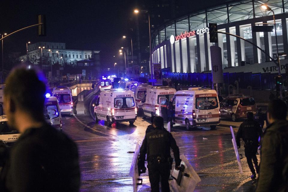 Rescue services and ambulances rush to the scene of explosions near the Besiktas football club stadium after attacks in Istanbul, late Saturday, Dec. 10, 2016. Two loud explosions have been heard near the newly built soccer stadium and witnesses at the scene said gunfire could be heard in what appeared to have been an armed attack on police. Turkish authorities have banned distribution of images relating to the Istanbul explosions within Turkey.(AP Photo/Halit Onur Sandal)