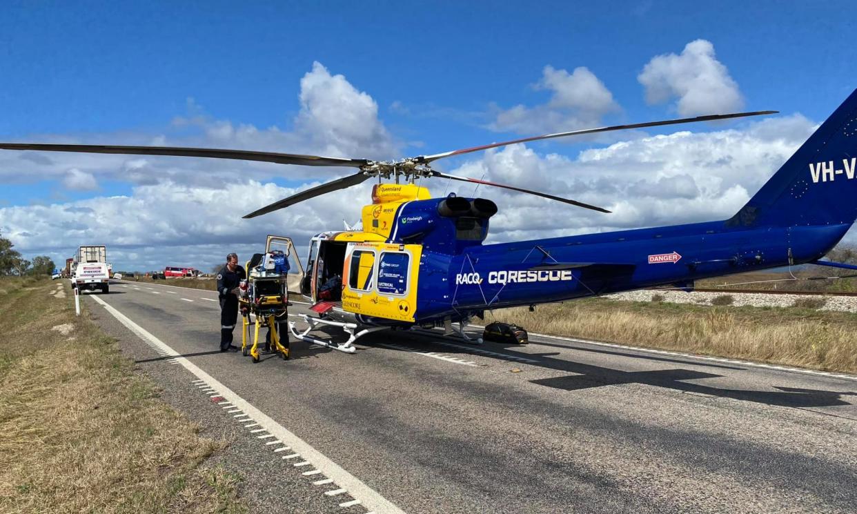 <span>The RACQ CQ helicopter departed to Gumlu, Queensland, to join other emergency services at the scene of the bus crash.</span><span>Photograph: RACQ CQ Rescue</span>