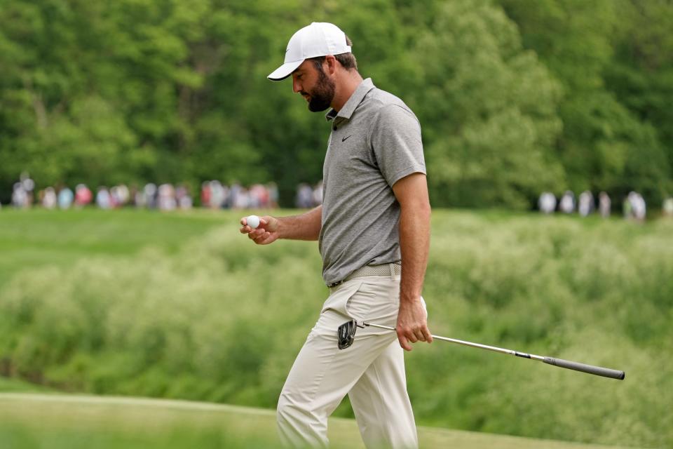 May 18, 2024; Louisville, Kentucky, USA; Scottie Scheffler reacts after a putt on the second green during the third round of the PGA Championship golf tournament at Valhalla Golf Club.
