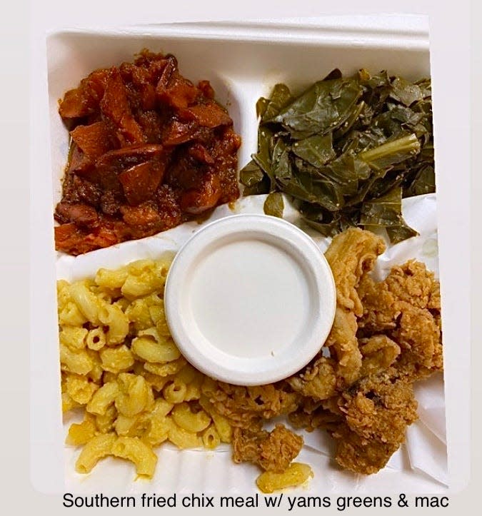 The Southern Fried Chicken meal includes fried chicken, mac and cheeze, yams and collard greens.