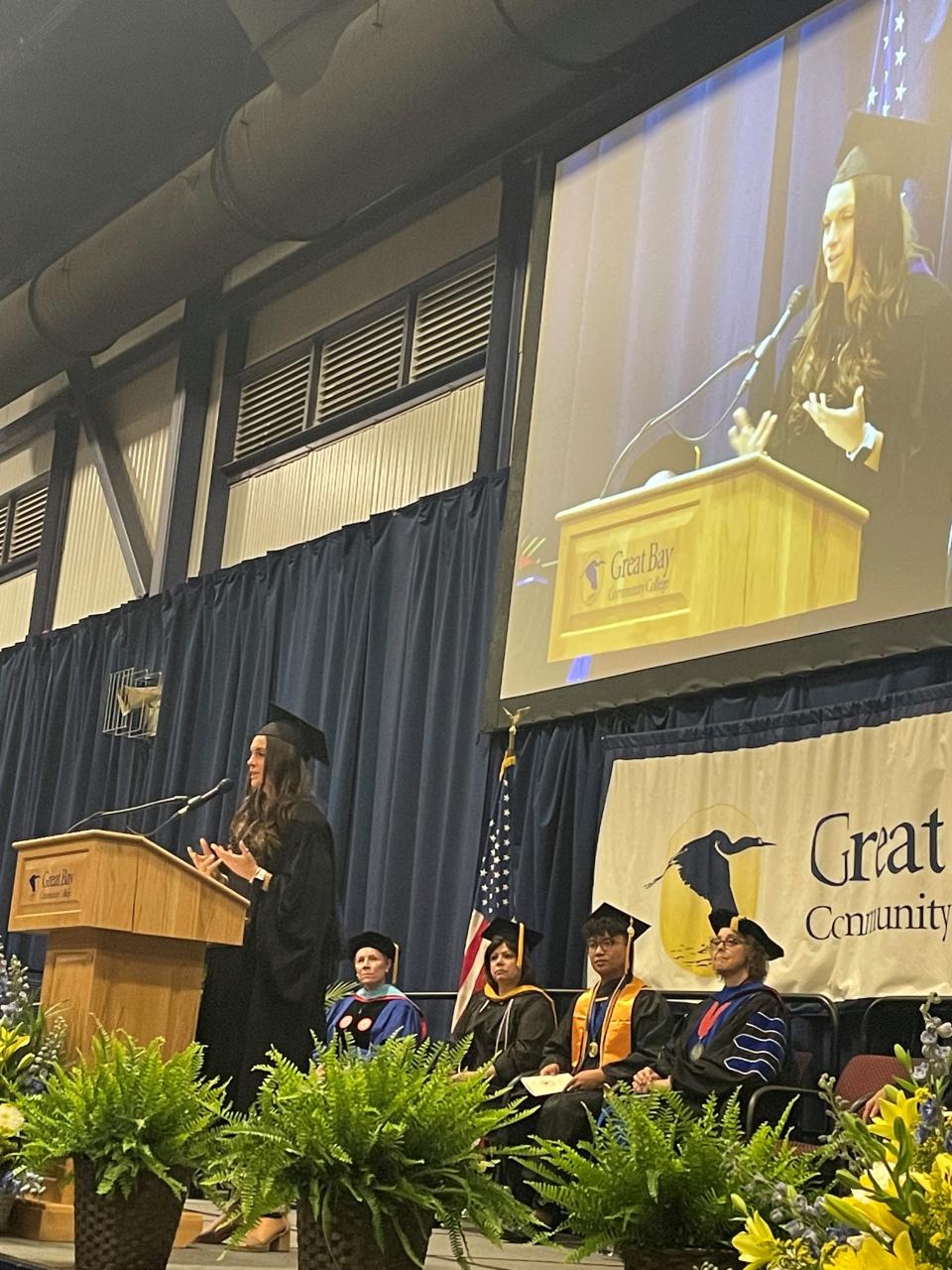 Keynote speaker Noelle Lambert, U.S. Paralympic Team member and the founder of The Born to Run Foundation, speaks during Great Bay Community College graduation Saturday, May 13, 2023.