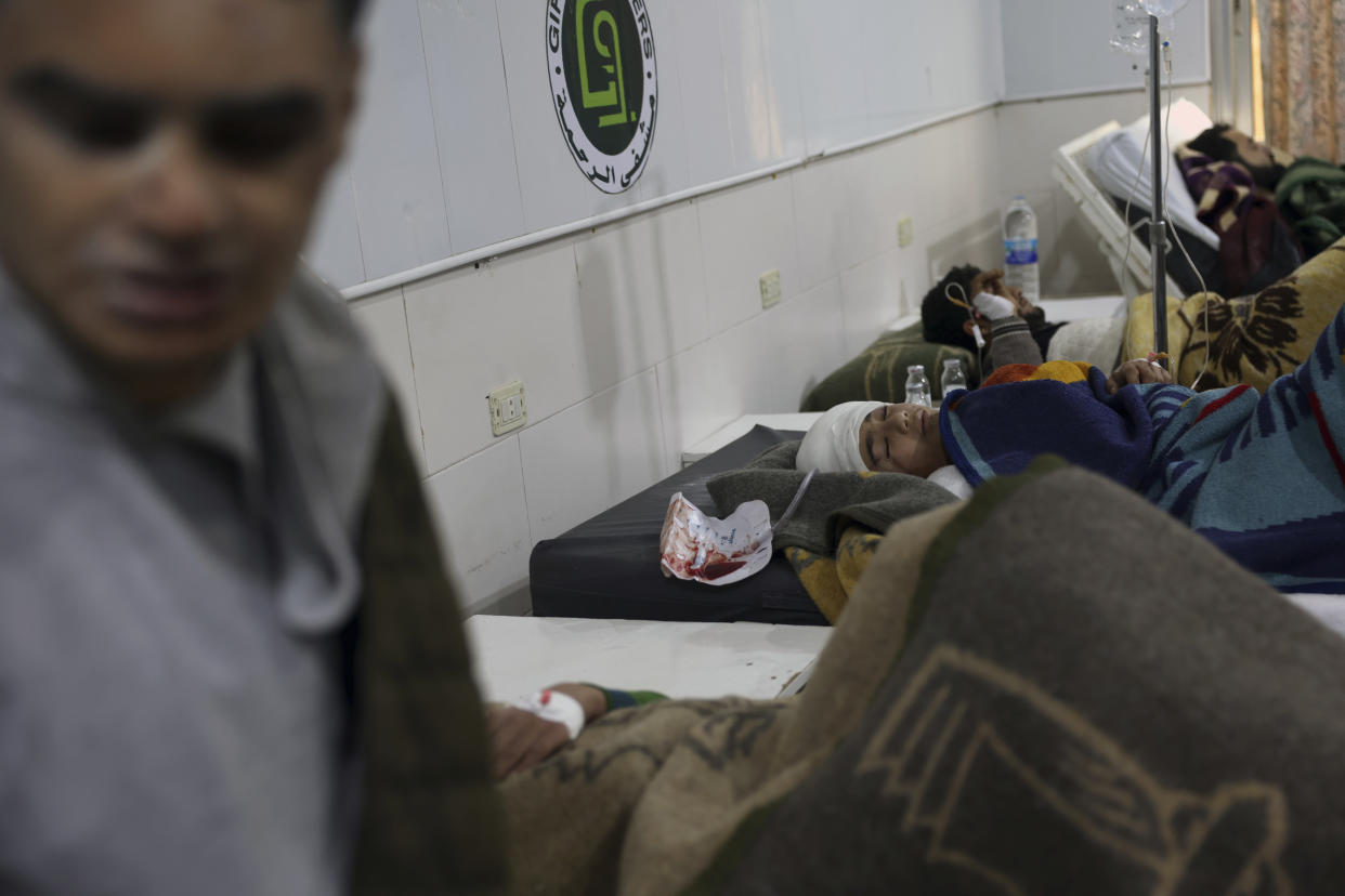 People injured in an earthquake receive treatment at the al-Rahma Hospital in the town of Darkush, Idlib province, northern Syria, Monday, Feb. 6, 2023. A powerful earthquake has caused significant damage in southeast Turkey and Syria and many casualties are feared. Damage was reported across several Turkish provinces, and rescue teams were being sent from around the country. (AP Photo/Ghaith Alsayed)