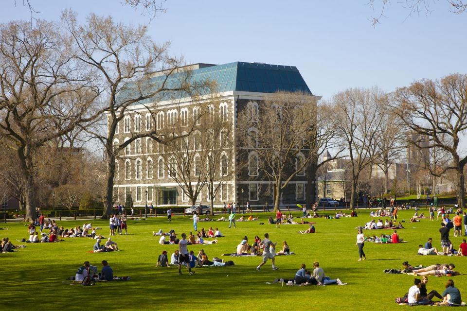 students on lawn on spring day