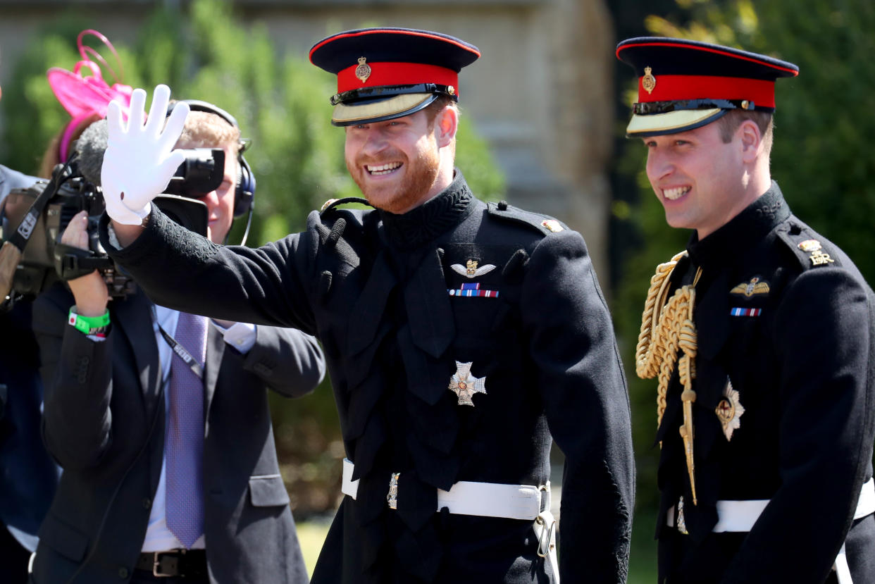 Prince Harry and The Duke of Cambridge arrive at St George's Chapel in Windsor Castle before Prince Harry's wedding to Meghan Markle. (Photo by Jane Barlow/PA Images via Getty Images)