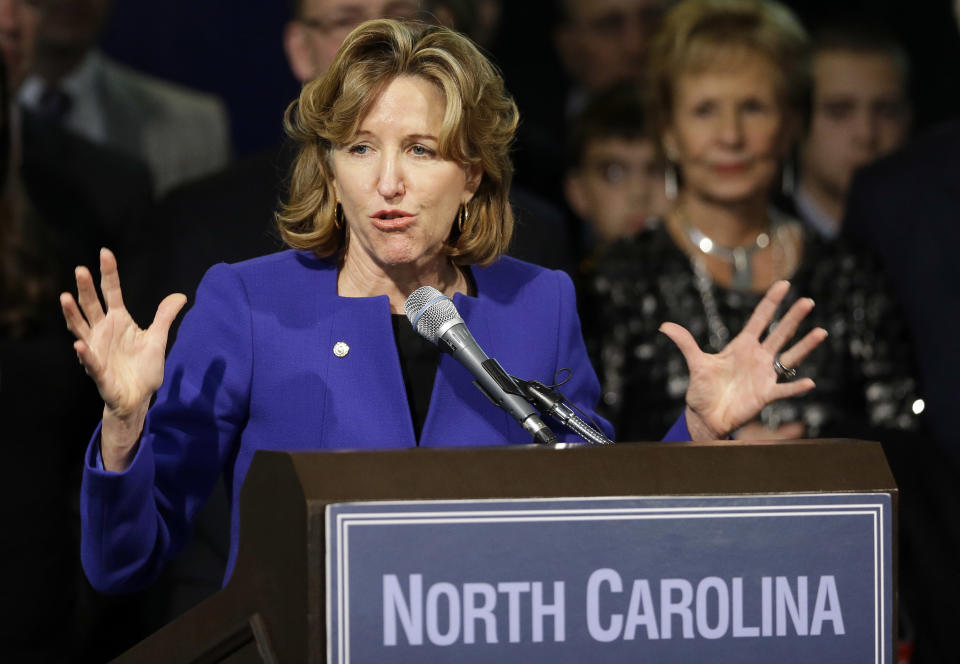 FILE - In this Nov. 4, 2014 file photo, Sen. Kay Hagan, D-N.C., gives her concession speech during an election night rally in Greensboro, N.C. Family and friends gathered Sunday, Nov. 3, 2019, for a memorial service for Hagan, who died Monday, Oct. 28 of a rare virus, at the age of 66. (AP Photo/Gerry Broome, File)