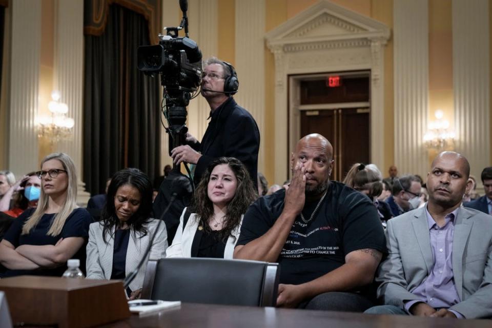 US Capitol Police officer Harry Dunn, flanked by the widow of Brian Sicknick, at Thursday’s hearing (Getty Images)