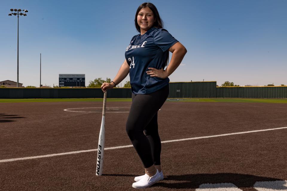 Del Valle softball player Julianna Grace Santos will play for Team Mexico in the summer. She stands at the Del Valle softball field on Wednesday, May 31, 2023, for a portrait.