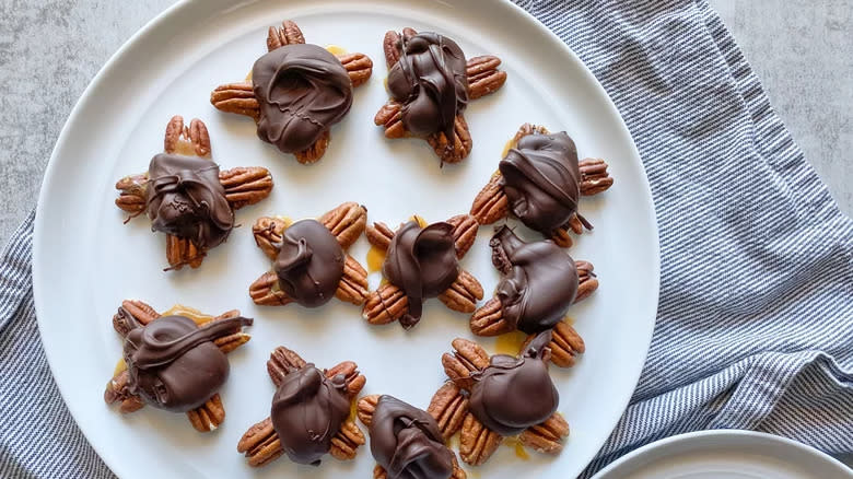 Chocolate Caramel Turtles on plate