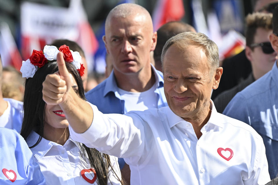 Opposition leader Donald Tusk leads a march to support the opposition against the governing populist Law and Justice party in Warsaw, Poland, Sunday, Oct. 1, 2023. Polish opposition leader Donald Tusk seeks to boost his election chances for the parliament elections on Oct. 15, 2023, leading the rally in the Polish capital. (AP Photo/Rafal Oleksiewicz)