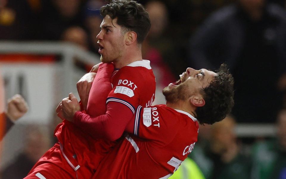 Middlesbrough's Hayden Hackney celebrates scoring their first goal with teammates