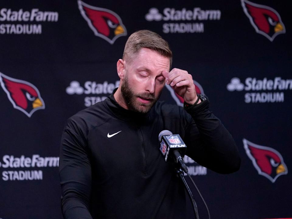 Kliff Kingsbury speaks with reporters after a loss to the Kansas City Chiefs.