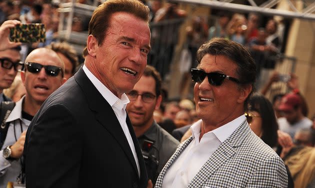 Actors Arnold Schwarzenegger and Sylvester Stallone are pals today, but that wasn't always the case. (Photo: Frank Trapper via Getty Images)