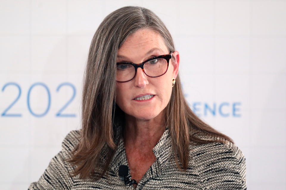 Catherine Wood, Chief Executive Officer and Chief Investment Officer of Ark Invest, speaks at the 2021 Milken Institute Global Conference in Beverly Hills, California, U.S., October 19, 2021. REUTERS/David Swanson