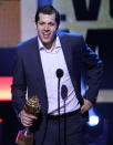 LAS VEGAS, NV - JUNE 20: Evgeni Malkin of the Pittsburgh Penguins speaks onstage after winning the Hart Trophy during the 2012 NHL Awards at the Encore Theater at the Wynn Las Vegas on June 20, 2012 in Las Vegas, Nevada. (Photo by Isaac Brekken/Getty Images)