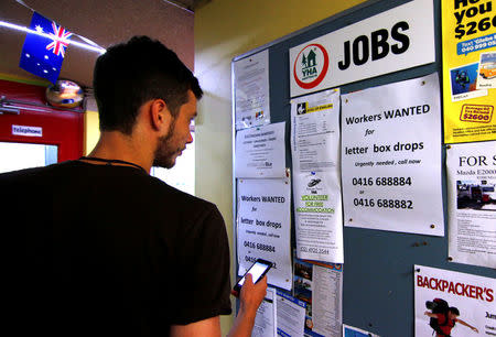 A man uses his phone to record a job add posted on a notice board at a backpacker hostel in Sydney, Australia, May 9, 2016. REUTERS/Steven Saphore