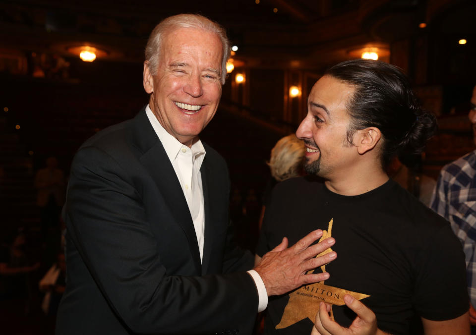 NEW YORK, NY - JULY 27:  Vice President of the United States Joe Biden and Lin Manuel Miranda chat backstage at the hit new musical 'Hamilton' on Broadway at The Richard Rogers Theater on July 27, 2015 in New York City.  (Photo by Bruce Glikas/FilmMagic)