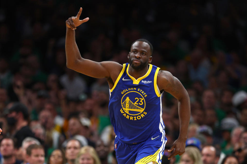 BOSTON, MASSACHUSETTS - JUNE 16: Draymond Green #23 of the Golden State Warriors celebrates a three pointer against the Boston Celtics during the first quarter in Game Six of the 2022 NBA Finals at TD Garden on June 16, 2022 in Boston, Massachusetts. NOTE TO USER: User expressly acknowledges and agrees that, by downloading and/or using this photograph, User is consenting to the terms and conditions of the Getty Images License Agreement. (Photo by Elsa/Getty Images)