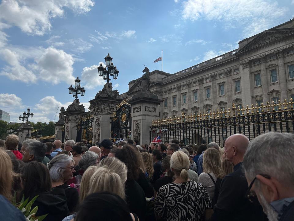 The Union Jack at Buckingham Palace lies at half-mast.