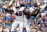 Aug 29, 2015; Orchard Park, NY, USA; Buffalo Bills tight end Charles Clay (85) celebrates his touchdown with tight end MarQueis Gray (48) during the first half against the Pittsburgh Steelers at Ralph Wilson Stadium. Mandatory Credit: Timothy T. Ludwig-USA TODAY Sports / Reuters Picture Supplied by Action Images
