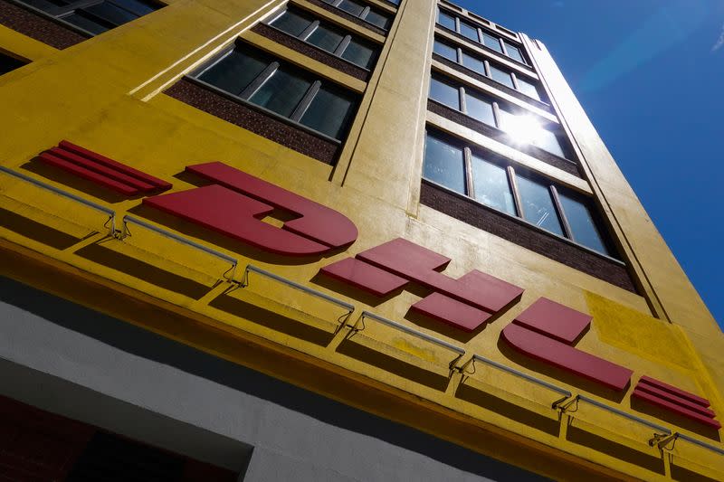 Signage is seen at a DHL delivery facility in Manhattan, New York City