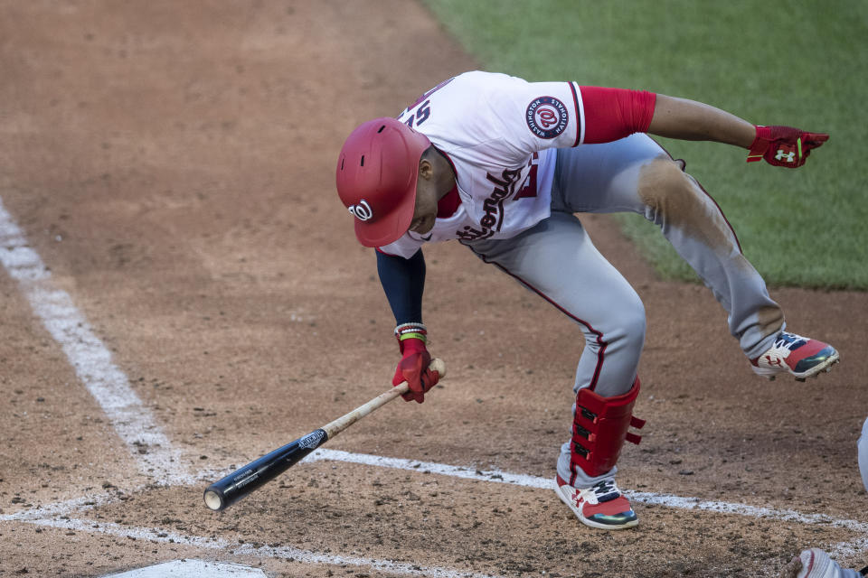 Washington Nationals' Juan Soto avoids an inside pitch during a baseball intrasquad game at Nationals Park, Thursday, July 16, 2020, in Washington. (AP Photo/Alex Brandon)