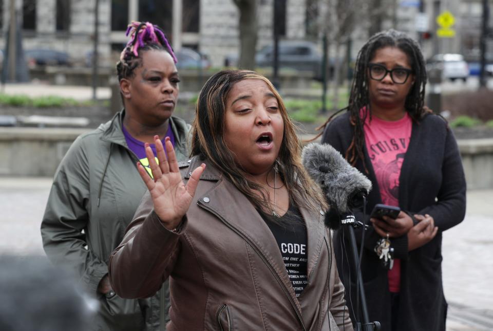 Shameka Parrish-Wright, of Vocal Kentucky, responded to the findings of the Department of Justice investigation into the Louisville Metro Police Department at Jefferson Square Park in Louisville, Ky. on Mar. 8, 2023.   The report was the result of a nearly two-year probe following the killing of Breonna Taylor.