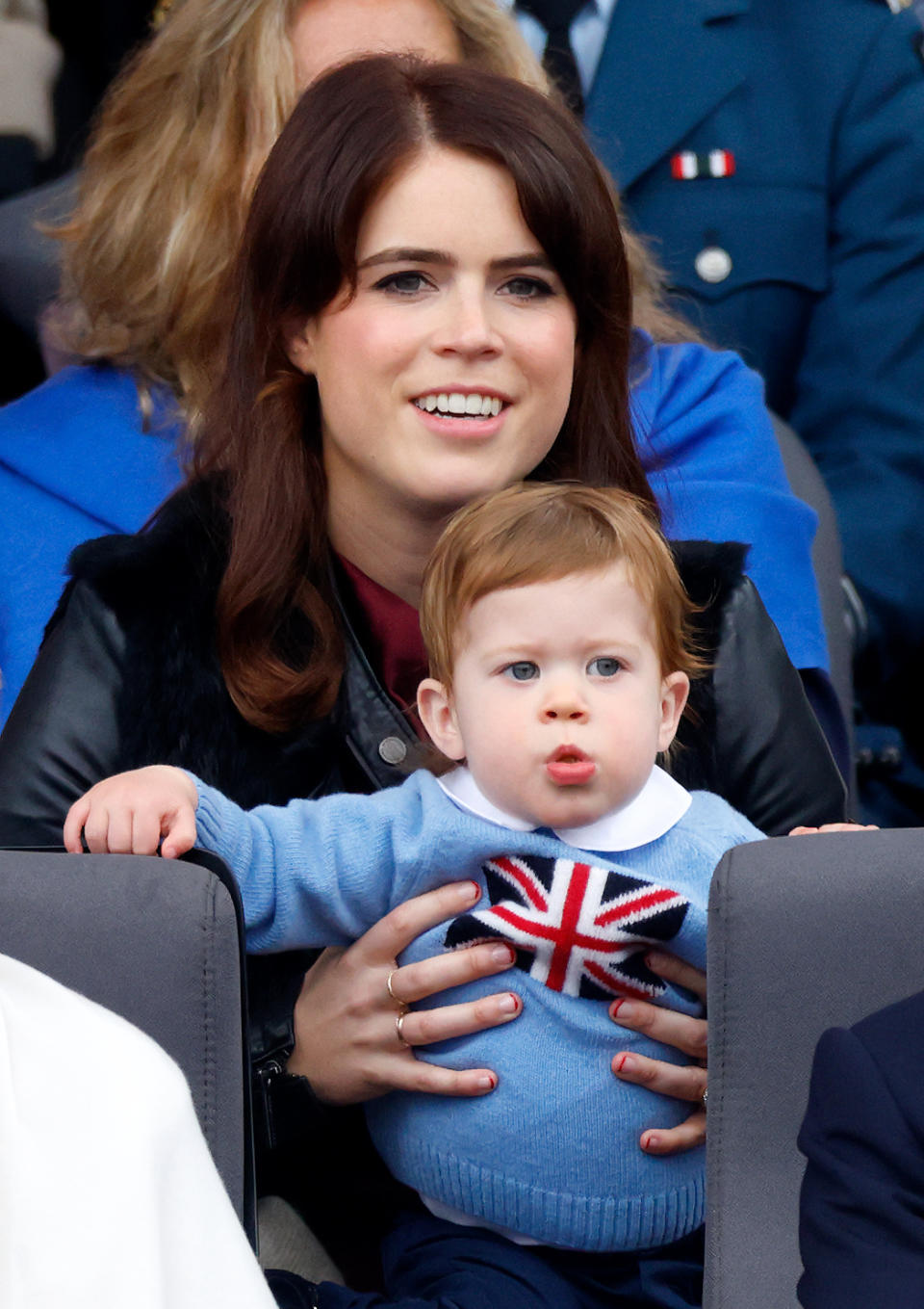 LONDON, UNITED KINGDOM - JUNE 05: (EMBARGOED FOR PUBLICATION IN UK NEWSPAPERS UNTIL 24 HOURS AFTER CREATE DATE AND TIME) Princess Eugenie and son August Brooksbank attend the Platinum Pageant on The Mall on June 5, 2022 in London, England. The Platinum Jubilee of Elizabeth II is being celebrated from June 2 to June 5, 2022, in the UK and Commonwealth to mark the 70th anniversary of the accession of Queen Elizabeth II on 6 February 1952. (Photo by Max Mumby/Indigo/Getty Images)