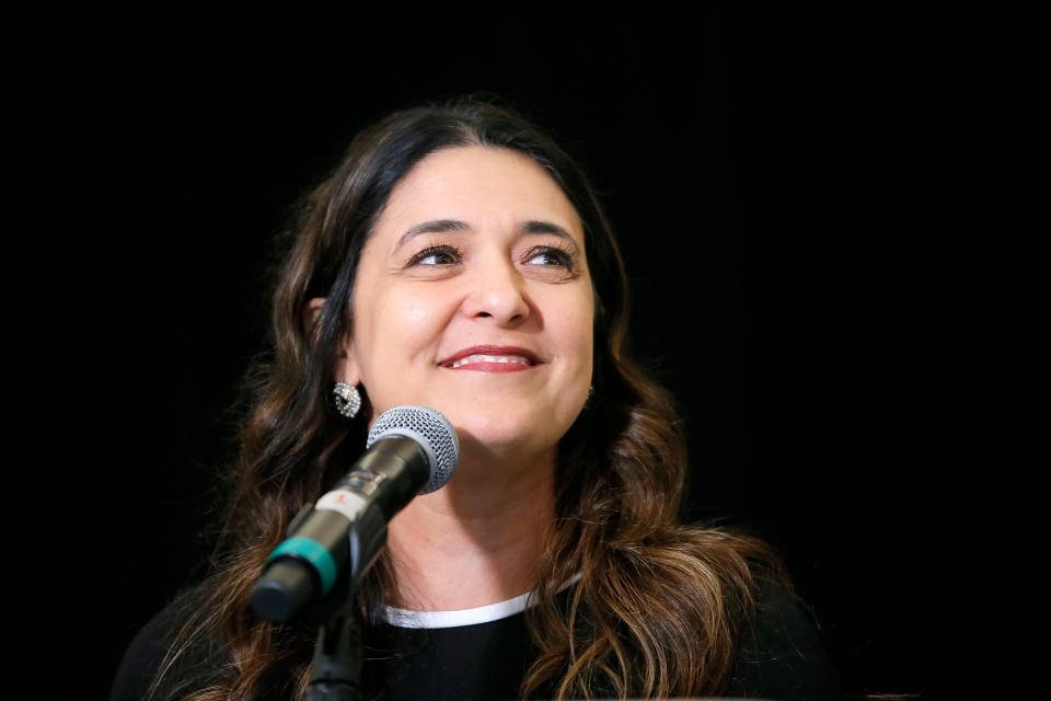 Stephanie Bice speaks at an election watch party after winning the Republican primary for Oklahoma's 5th Congressional District in Oklahoma City., Tuesday, June 28, 2022. 