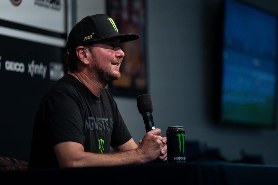 Kurt Busch speaks at a press conference at Daytona