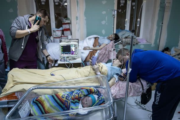 PHOTO: In this March 2, 2022, file photo, a newborn baby is seen in the bomb shelter of a maternity hospital in Kyiv, Ukraine. (Chris McGrath/Getty Images, FILE)
