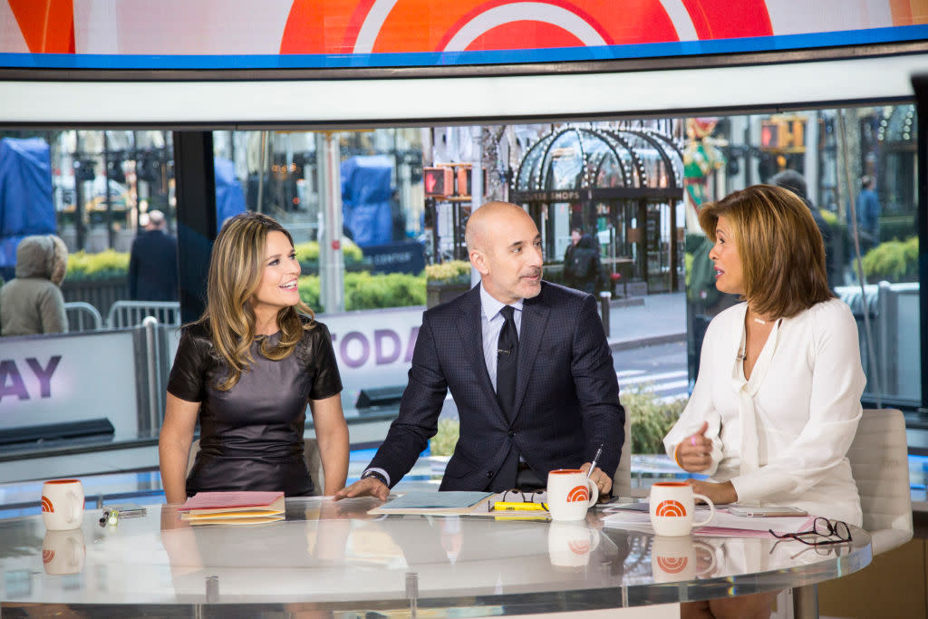 Savannah Guthrie, left, Matt Lauer, and Hoda Kotb host <em>Today</em> together just days before Lauer is terminated. (Photo: Tyler Essary/NBC/NBCU Photo Bank)