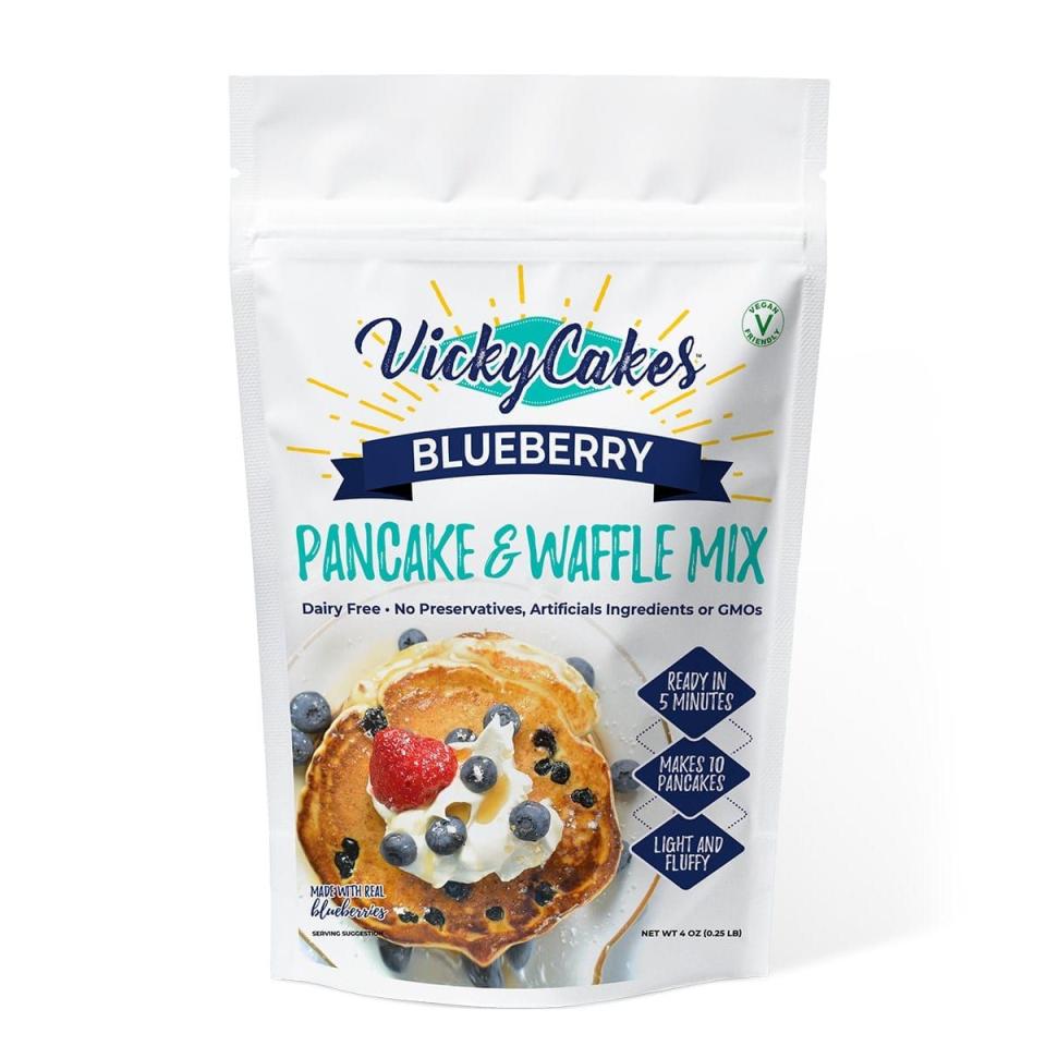 <p><strong>Vicky Cakes</strong></p><p>walmart.com</p><p><strong>$5.99</strong></p><p><a href="https://go.redirectingat.com?id=74968X1596630&url=https%3A%2F%2Fwww.walmart.com%2Fip%2F624261501&sref=https%3A%2F%2Fwww.thepioneerwoman.com%2Ffood-cooking%2Fmeals-menus%2Fg36178580%2Fbest-pancake-mix%2F" rel="nofollow noopener" target="_blank" data-ylk="slk:Shop Now;elm:context_link;itc:0;sec:content-canvas" class="link ">Shop Now</a></p><p>Not only are these pancakes light and fluffy, but they're studded with real blueberries for that delicious fruity flavor. To make these pancakes vegan-friendly, simply swap the milk and eggs for dairy-free milk and applesauce. </p>