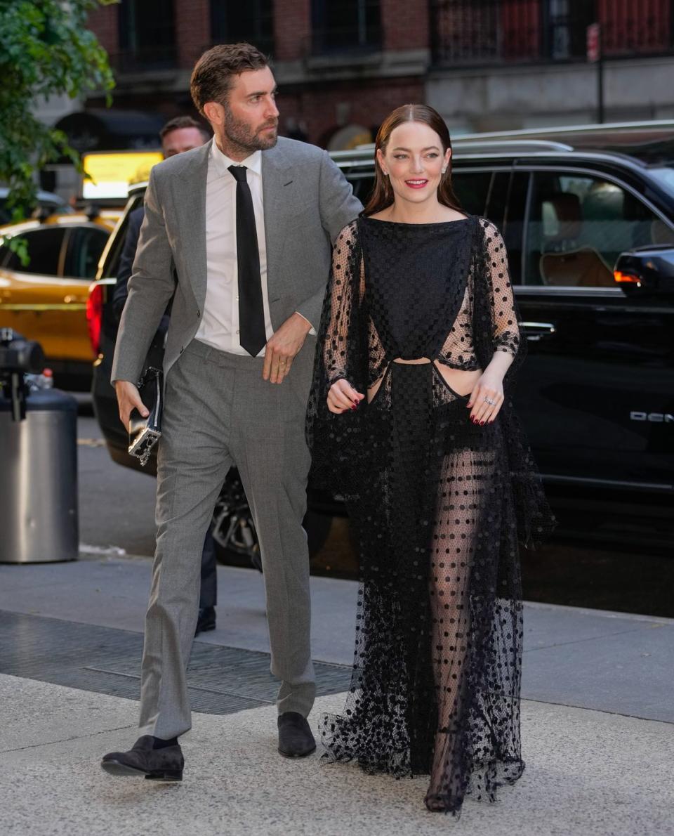 new york, new york june 20 emma stone and dave mccary arrive at the ny premiere of kinds of kindness on june 20, 2024 in new york city photo by gothamgc images