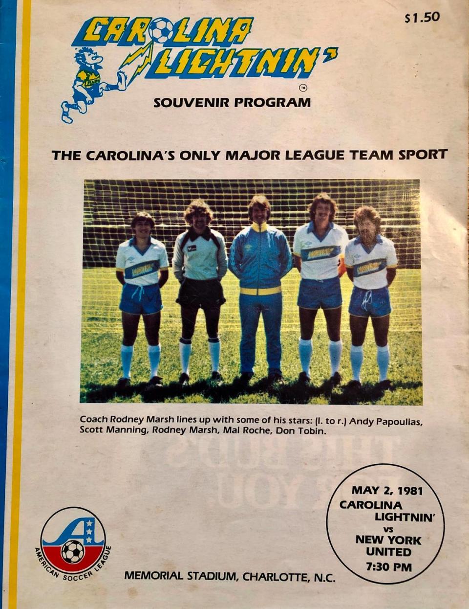 The first game program for the Carolina Lightnin’ cost $1.50 in 1981. The team would go on to win the league championship in its first season under head coach Rodney Marsh and team owner Bob Benson, and gave away an airplane along the way.