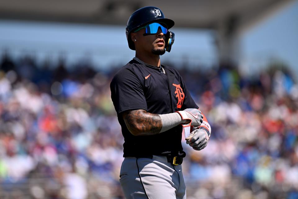 Detroit Tigers shortstop Javier Baez (28) prepares for the first inning of a spring training game against the Toronto Blue Jays at TD Ballpark in Dunedin, Florida, on Friday, March 15, 2024.