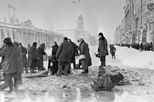 Residents of Leningrad, Russia, queue up for water from shell holes December 1, 1941. On September 8, 1941, the Siege of Leningrad -- the Russian city now known as St. Petersburg -- began. File Photo by Boris Kudoyarov/RIA Novosti/Wikipedia