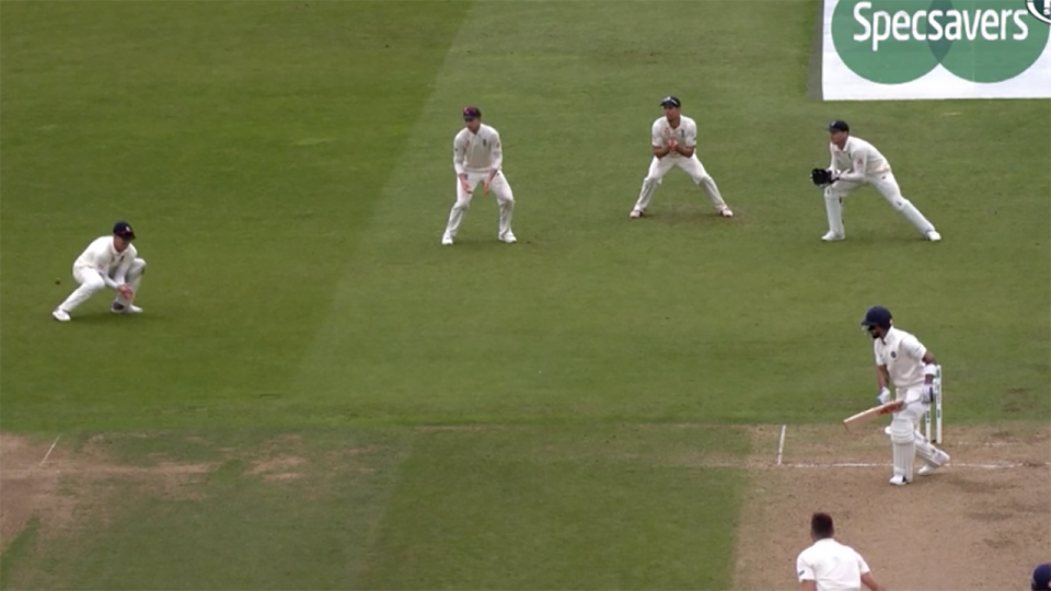 Have you ever seen a cricketer nutmegged trying to take a catch? Image: Fox Sports