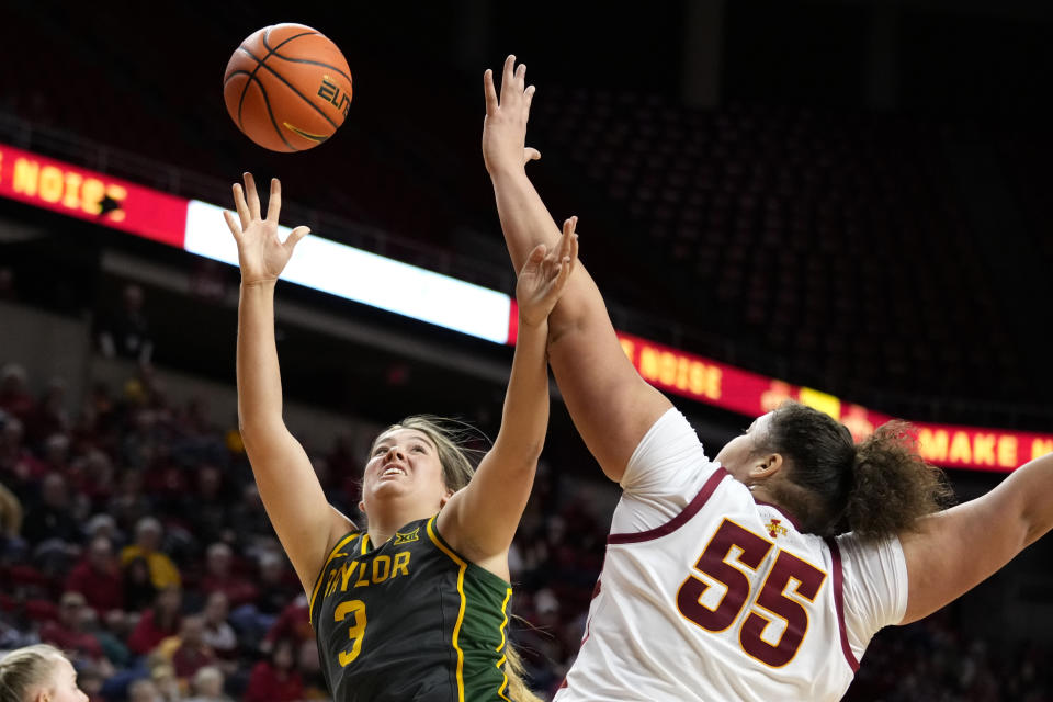 Baylor forward Madison Bartley (3) shoots over Iowa State center Audi Crooks (55) during the first half of an NCAA college basketball game, Saturday, Jan. 13, 2024, in Ames, Iowa. (AP Photo/Charlie Neibergall)