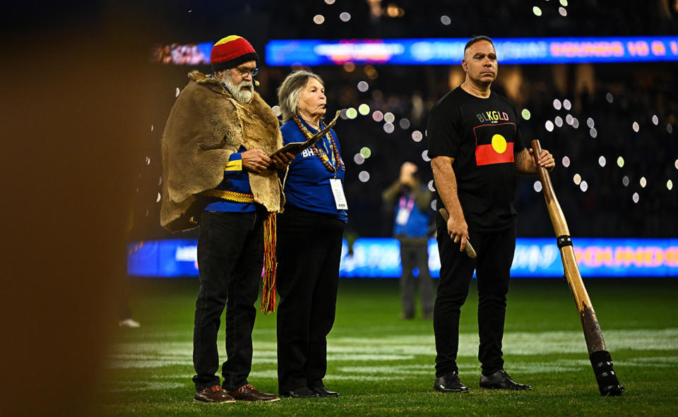 A Welcome to Country ceremony, pictured here being performed before an AFL game between West Coast and Essendon.